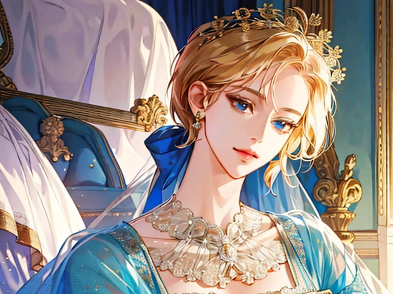 shoujo-style, (extremely delicate and beautiful:1.2), 8k,(masterpiece:1.0),(best_quality:1.0), 1girl, mature woman, complex details, enlarged textures, complex details, finely detailed eyes and detailed face, intricate details, (cleavage), royal dress, (closed mouth), perfect eyes, equal eyes, light smile, (goddess)