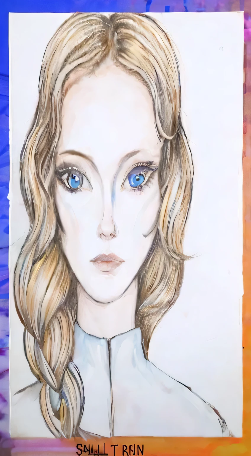 um desenho de uma mulher com cabelo longo e um vestido azul, female humanoid portrait, rosto pontudo e olhos cinzentos, with symmetrical head and eyes, Female Alien, portrait of a humanoid alien, alien woman, desenho colorido, symmetrical portrait science fiction, desenho colorido, cabelo loiro e olhos grandes, mulher humanoide, inspirado em Galeno Dara