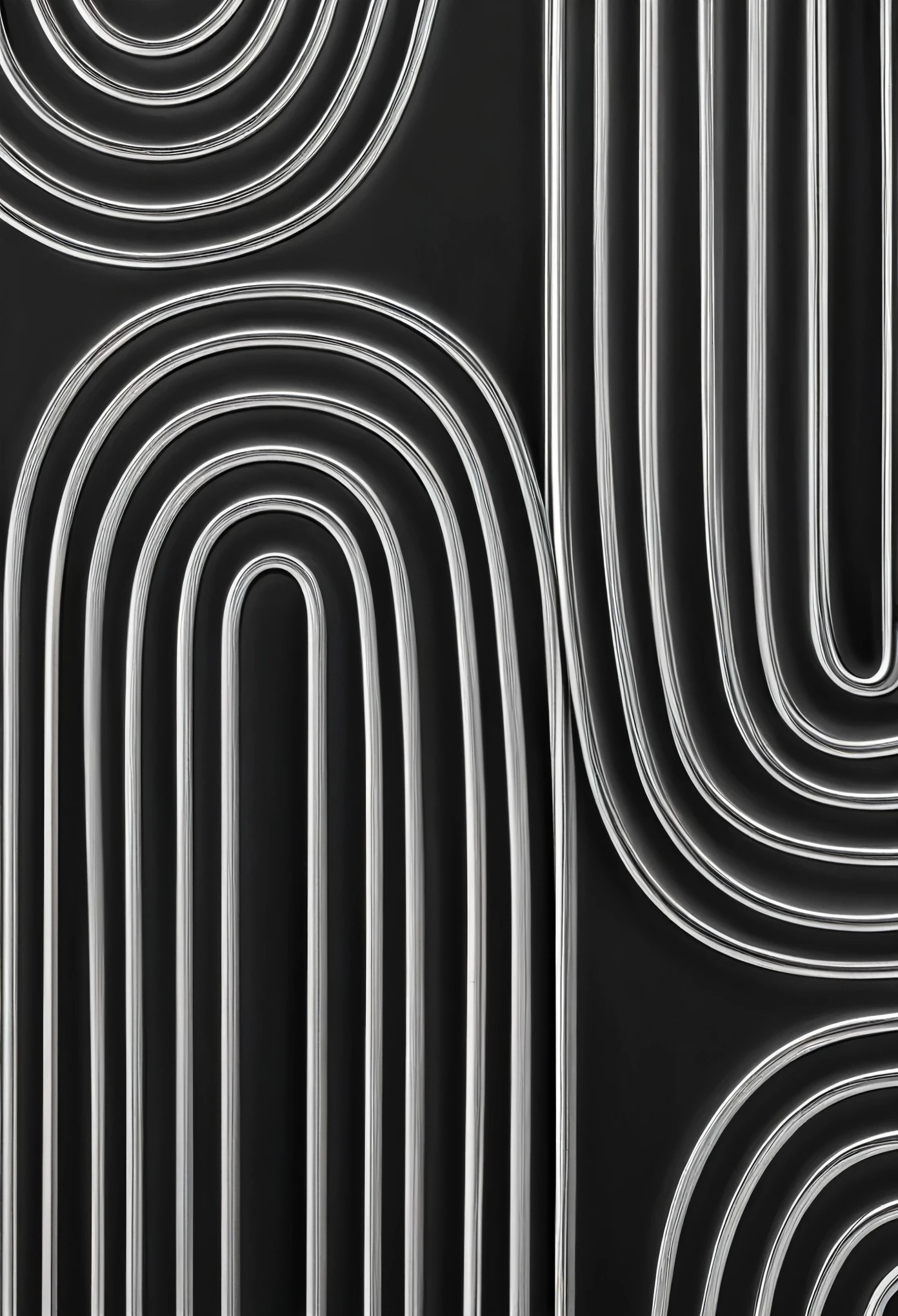 a black and white photo of a wall with a pattern, linhas arredondadas, curvado lines, preto curvo, contornos pronunciados, Arte Linear - N 9, linhas muito alongadas, sinuoso, linhas grossas, linhas simples, contorno cruzado, na arte, linhas de tinta grossas, curvado, Arte de linha minimalista abstrata, linhas pretas grossas, protege pantone, linhas fluidas 532k.