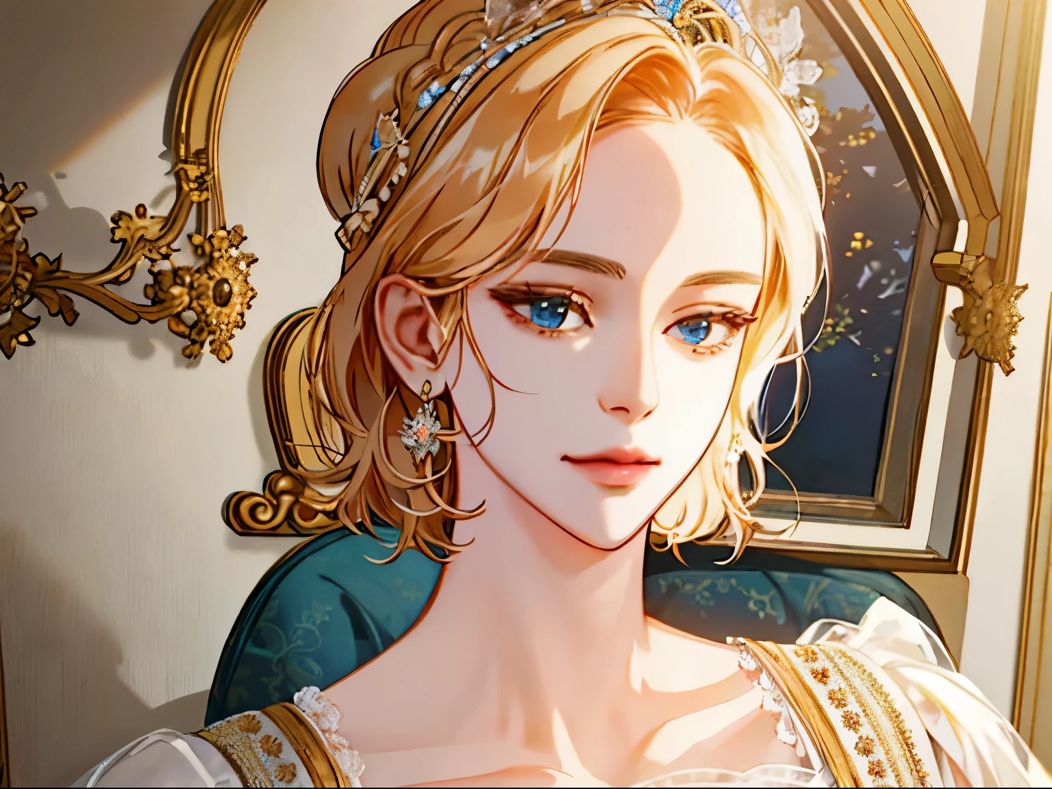 shoujo-style, (extremely delicate and beautiful:1.2), 8k,(masterpiece:1.0),(best_quality:1.0), 1girl, mature woman, complex details, enlarged textures, complex details, finely detailed eyes and detailed face, intricate details, (cleavage), royal dress, (closed mouth), perfect eyes, equal eyes, light smile, (goddess)