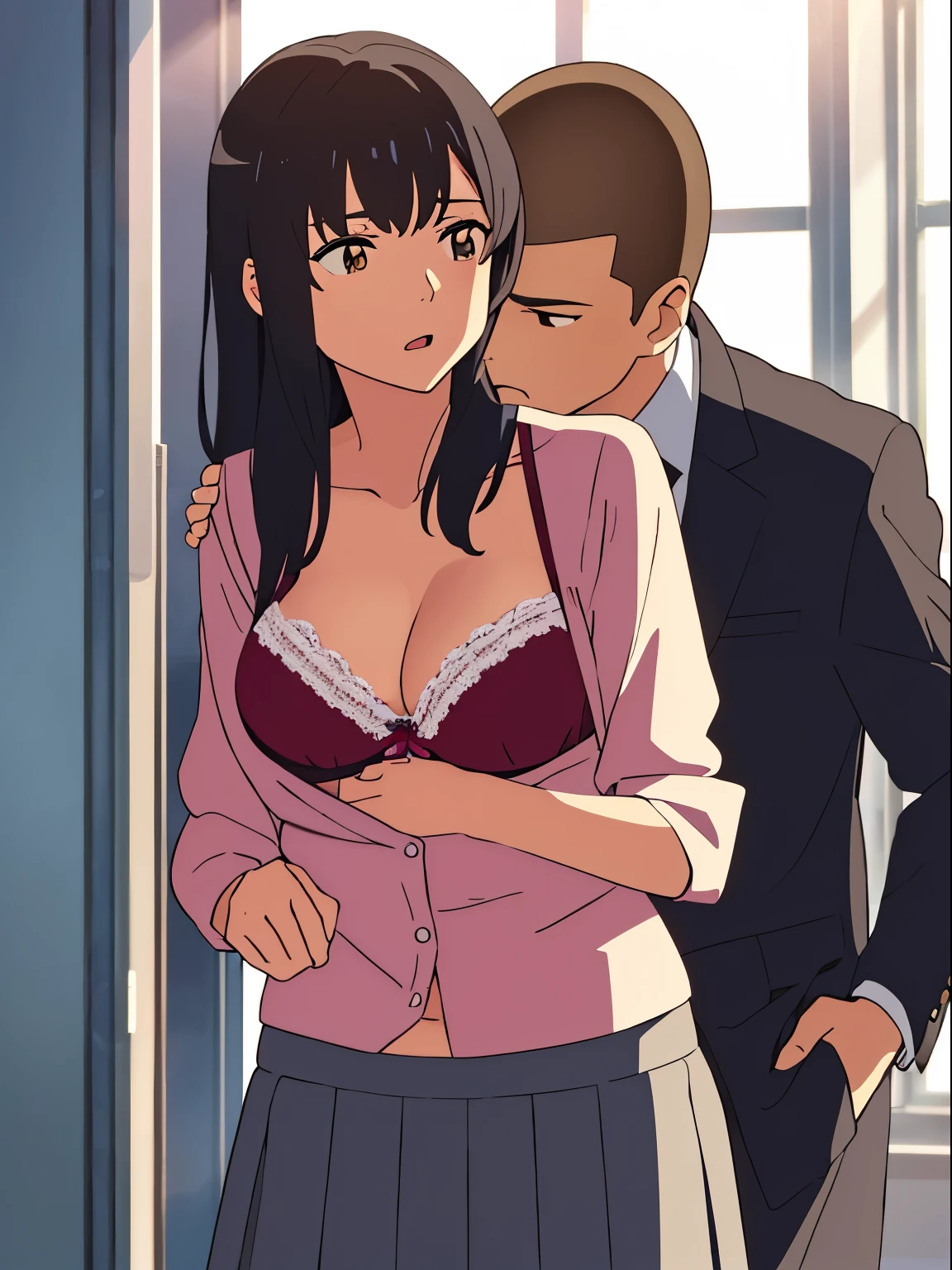 shinkai makoto, kimi no na wa., 1boy, buzzcut,office suit, boy caressing girl's body, kiss cheeks, passionate hug, boy is hugging from behind, breast groping from behind, 1girl, bangs, black hair, open mouth, brown eyes, Twisted Half Up, red ribbon, long hair, yellow blouse, open shirt, unbuttoned shirt, pink bra, cleavage, breast, medium breast, long gray skirt, storage room, indoors, masterpiece, perfect anatomy, cowboyshot