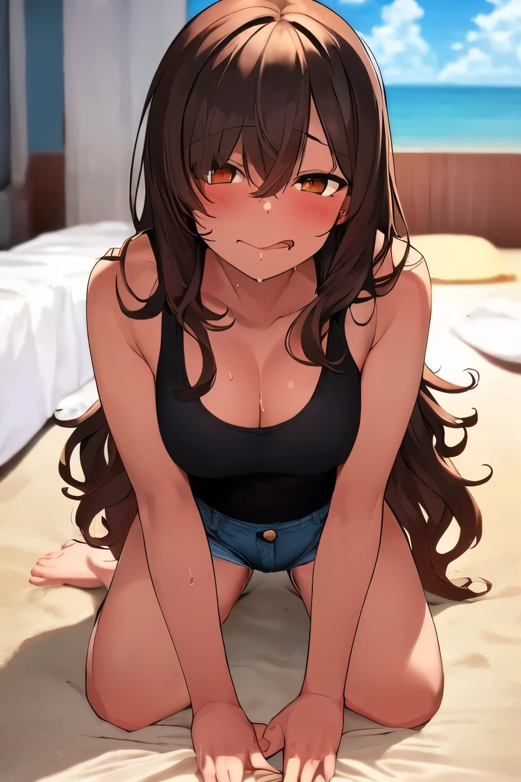 2D,highest quality,(masterpiece),(full body),((girl1people)),Semi-long hair that reaches to the shoulders,((amber brown hair)),((beach waves)),healthy dark skin,((denim hot pants)),「cheap」A pink tank top with the words,Shiny bare legs,barefoot,beautiful brown eyes,attractive thigheaty ass,Sloppy body shape,Bedroom,Get drunk,upper grade,cheeks are bright red,Cute with bruises,devilishly sexy,erotic look,Large drops of sweat all over the body,It's stuffy,sleep with your legs stretched out、my room、perfect limbs, perfect anatomy, anatomically correct、((lie down on the bed))
