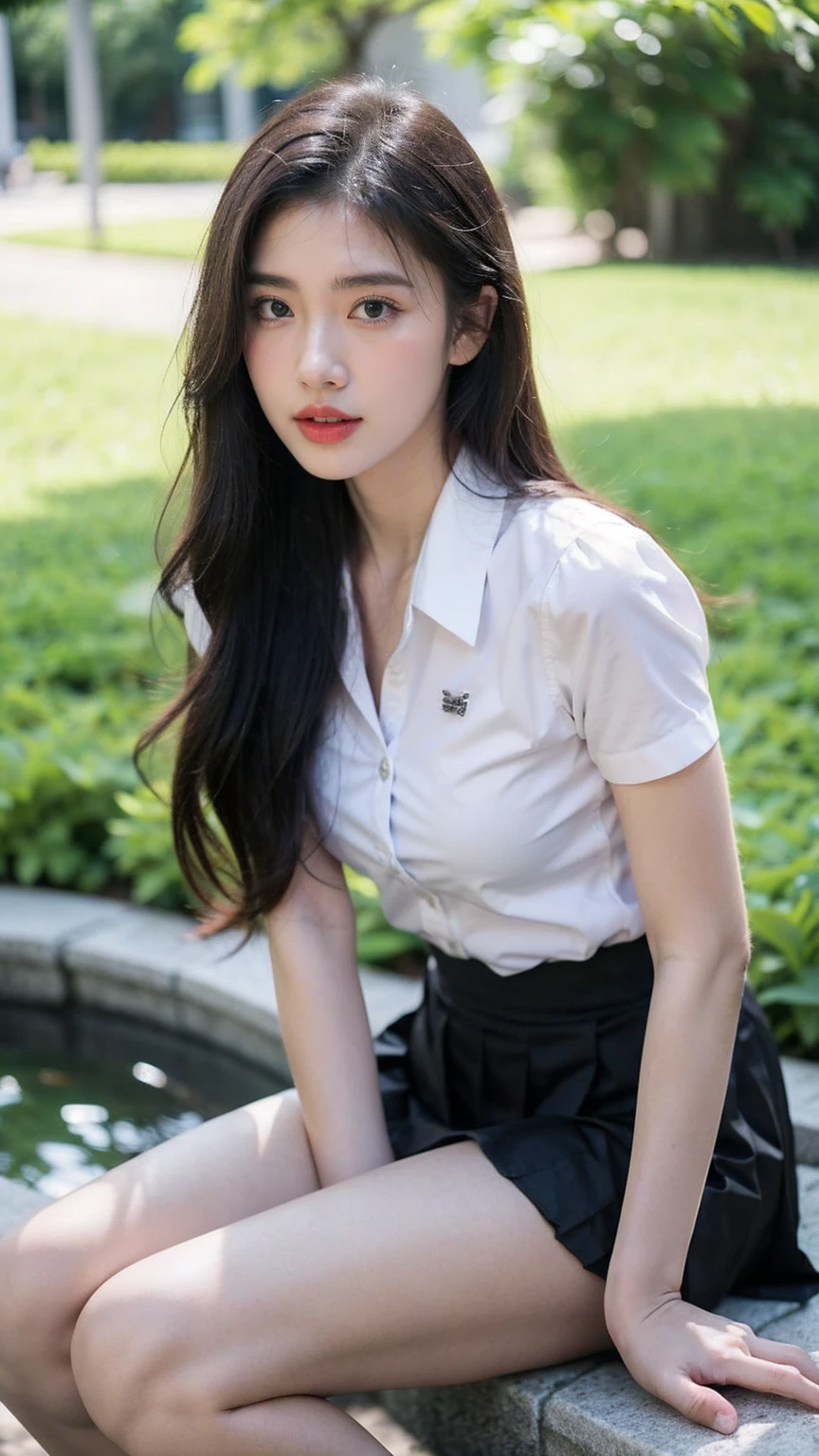 ((1girl)),in sexy mahalai uniform, pose at garden, makeup with glossy lip, small breasts, (sexy white shirt short sleeves:1.4), (black pleated skirt:1.4), various angle, ((face focus)), 22 years old, Beautiful Korean Girl, ((sitting)) pose, (nsfw:1.4), cleverage, nipple slip