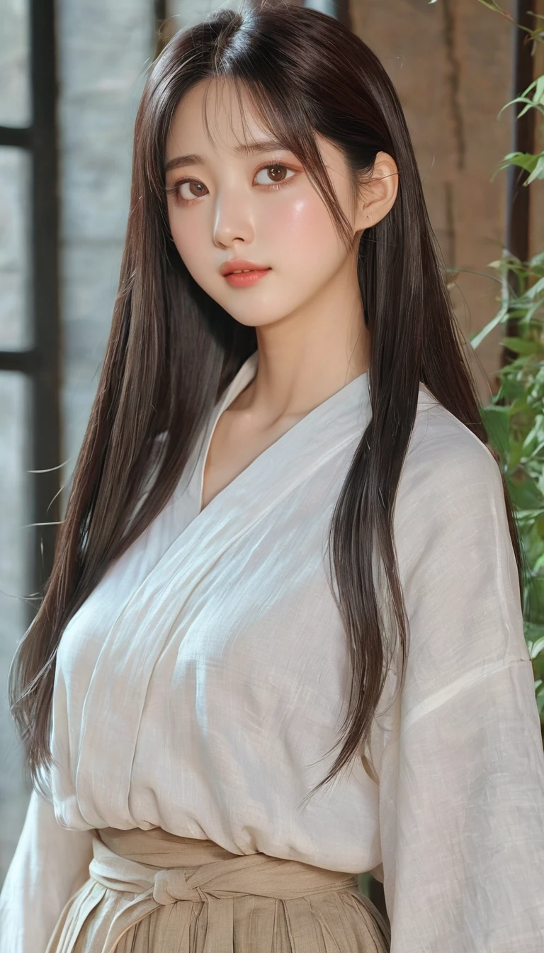 There is a woman, upper body, long hair, delicate skin texture and cloth texture, delicate eyes, long eyelashes, double eyelids, wearing no clothes, bae suzy, Ghibli anime style, wearing no skirt, inspired by Shen Se-jung, elegant no clothing style, innocent