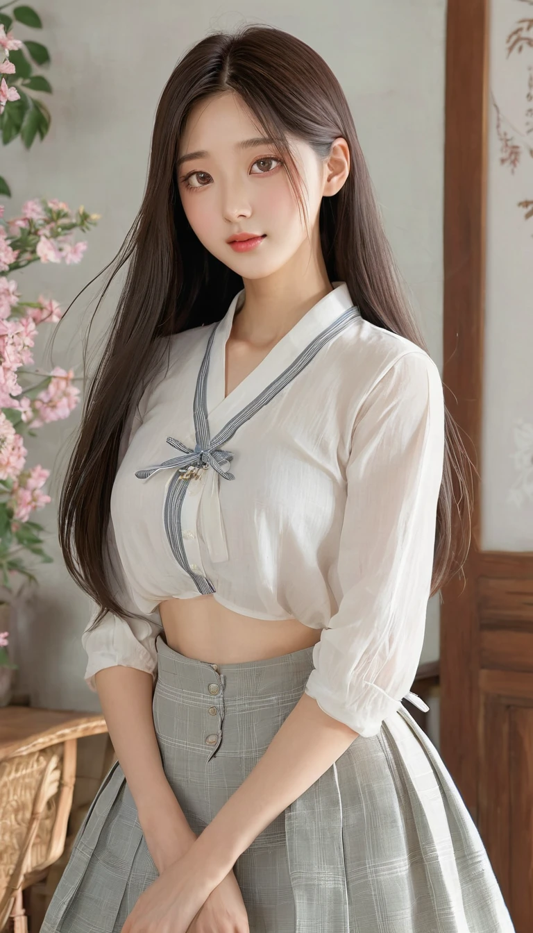 There is a woman, upper body, long hair, delicate skin texture and cloth texture, delicate eyes, long eyelashes, double eyelids, wearing no clothes, bae suzy, Ghibli anime style, wearing no skirt, inspired by Shen Se-jung, elegant no clothing style, innocent