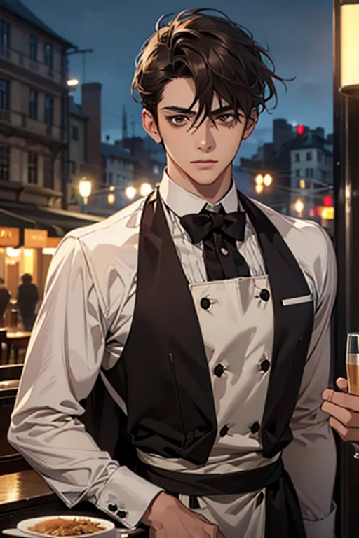 A sexy man with a smug smile while wearing elegant clothes drinking a glass of wine sitting in his office overlooking the campus of an academy in the background students passing by