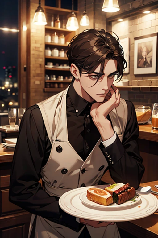 1 boy, beautiful male body, 24 years old , Body length 180 cm, ((short hair hair, Brown, (Chin hair length), ((Hair length 10 inches)) (Street hairstyle) , (dark brown eyes), realistic eyes, beatiful eyes, ((sharp eyes)), ((Waiter clothes Cafe)), (8k wallpaper), ((Cafe background)), 8k, Quilty Altitude, Realistic, Beautiful realism, outstanding detail, RAW photo, Realistic clothes, Dark brown hair, realistic hair, Light and cool lighting, realistic photo, Cel shaded, Gel lighting, ultra-detail, ((In the night)), simple muscles