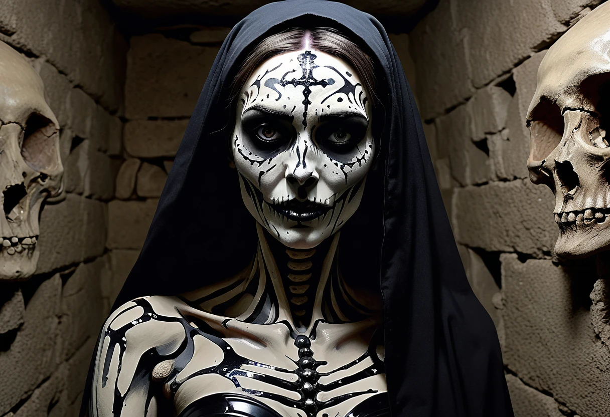 nun, (blackmetal corpsepaint face paint), in the shadows, darkness, no light source, only shades of darkness showcase the french catacombs, surrounded by artistic hand created a kind of mosaic out of these final remains of humanity, ornate intricate skeleton remains line floor to ceiling in the cramped catacombs, hand drawn, hyperrealism, expressive ink, dark drab colors, cel shading, rotoscope, hyper maximal, intense, strange