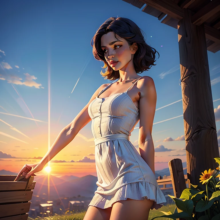 arte de Cornflower, sonhadores (Uma pequena com olhos lindos e detalhados. The depth of field in the photo is perfect, lens flare adds a nice touch, {{peito lateral:2}}}, um vestido encharcado