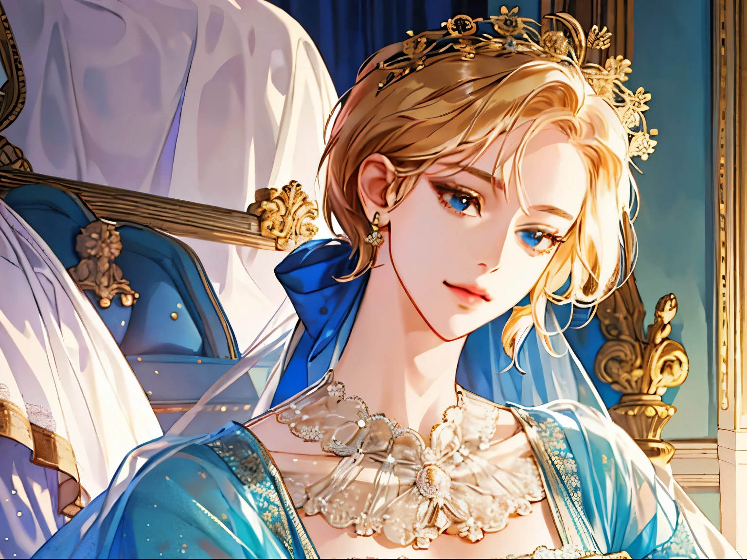 shoujo-style, (extremely delicate and beautiful:1.2), 8k,(masterpiece:1.0),(best_quality:1.0), 1girl, mature woman, complex details, enlarged textures, complex details, finely detailed eyes and detailed face, intricate details, (cleavage), royal dress, (closed mouth), perfect eyes, equal eyes, light smile, (goddess)