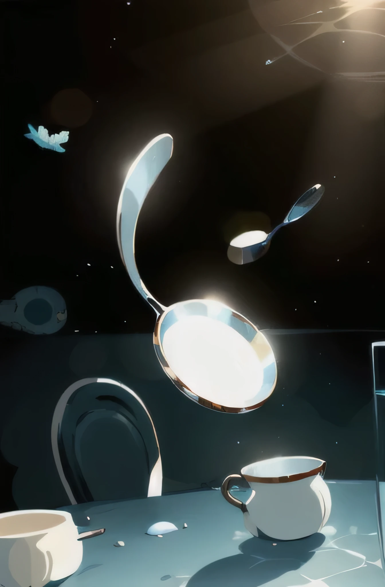 There is a group of tableware on the seabed，spoon，Pots and the like are swimming like fish，A beam of light comes in from the upper right corner