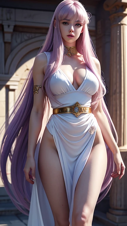 Ultra realistic, 8k, dream aesthetic, dream atmosphere, a beautiful 18 year old white girl with lilac hair, long wavy strawberry lilac hair, bangs over her forehead, light gray-blue eyes, flushed cheeks, cute face, long ancient Greek Doric tunic, wearing a Strophion, wearing a peplos, hot and slender body, big natural breasts, normal waist not thin, hot hips, long hot legs, 1 girl, purity, pale skin pores texture, ultra high quality, 4K, anime cinematic, Ultra quality, dream lighting, simple blurred background, realistic detailed, wrinkled skin, pale skin, Sharp, anatomical and proportional full body shot, looking sensually at the viewer, noble, chapped lips, dream lighting, 8k, maximum quality. 