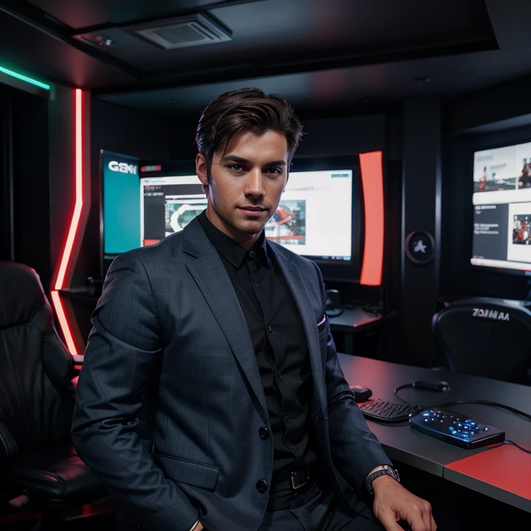 A cool and handsome professional Boy Editor in a RGB gaming room