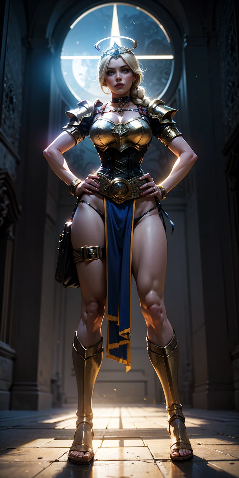 paladin lady in ornate golden armor, black collar, pauldrons, plate, corset, glowing halo, single braid, blonde, yellow glowing eyes, bright pupils, eye focus, red cape, temple indoors, stained glass windows, night, moonlight, particles, light beam, chromatic aberration, (full body, whole body. 1solo irl). slave fighter, loincloth standing, hands on hips full body, whole body. 1solo (gl). slave fighter, loincloth standing, hands on hips, metal sandals, backpack, choker, big belt, view from below, feet together, bracers, tiara)