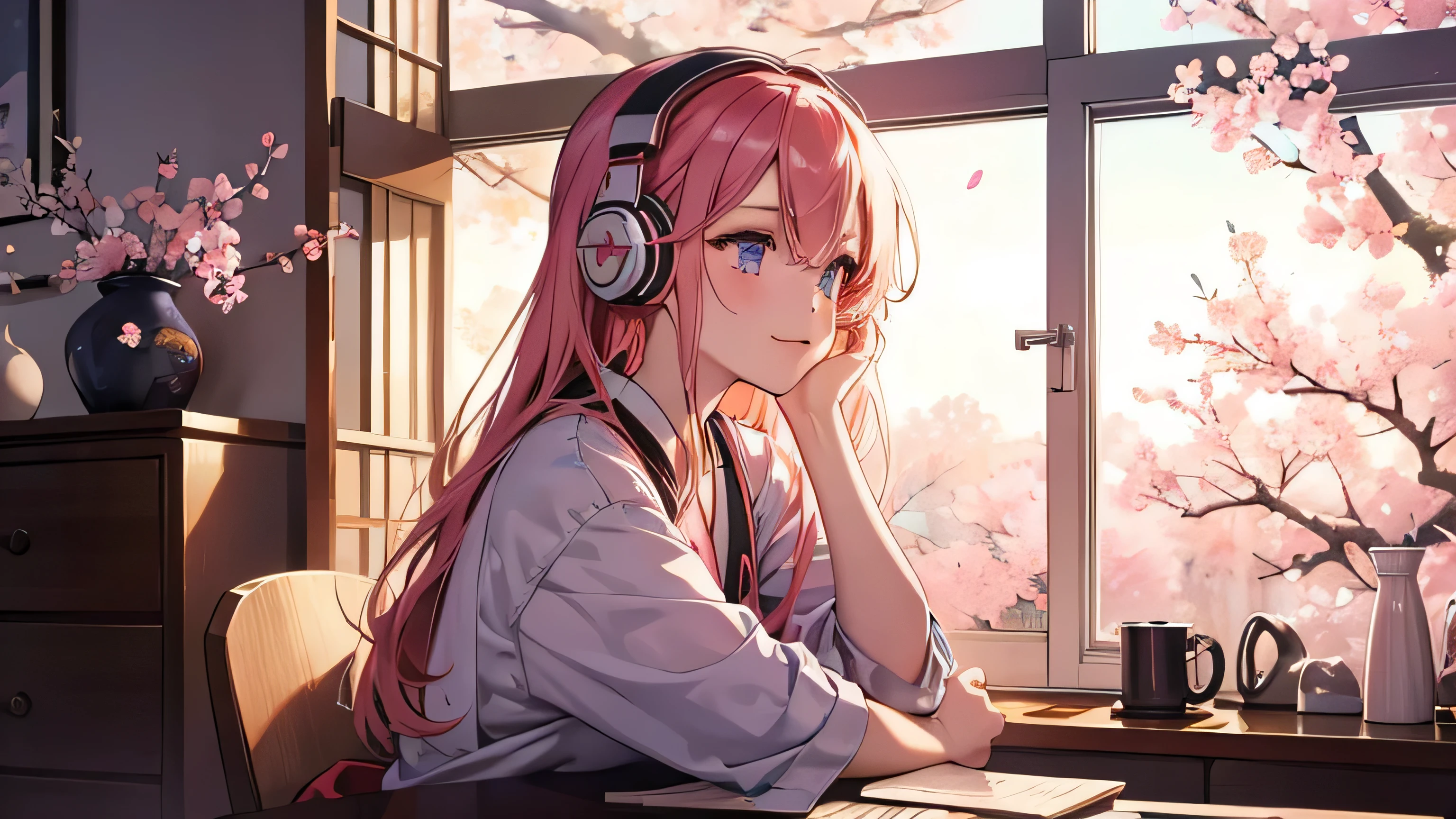 night A girl working in a room listening to music with headphones warm lighting Cherry blossoms are blooming outside the room Japanese anime style