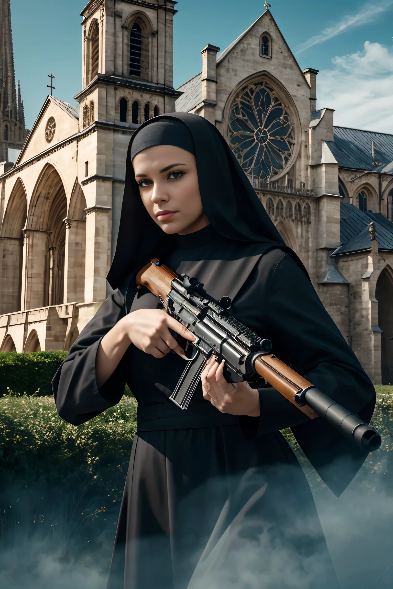 best quality, 8k, high resolution, ultra-detailed, extremely detailed, top quality, realistic, nuns with guns, a beautiful nun holding a large machine gun, a cathedral in the background, beautiful outdoor scene, ethereal fantasy, surrealist, dreamlike imagery