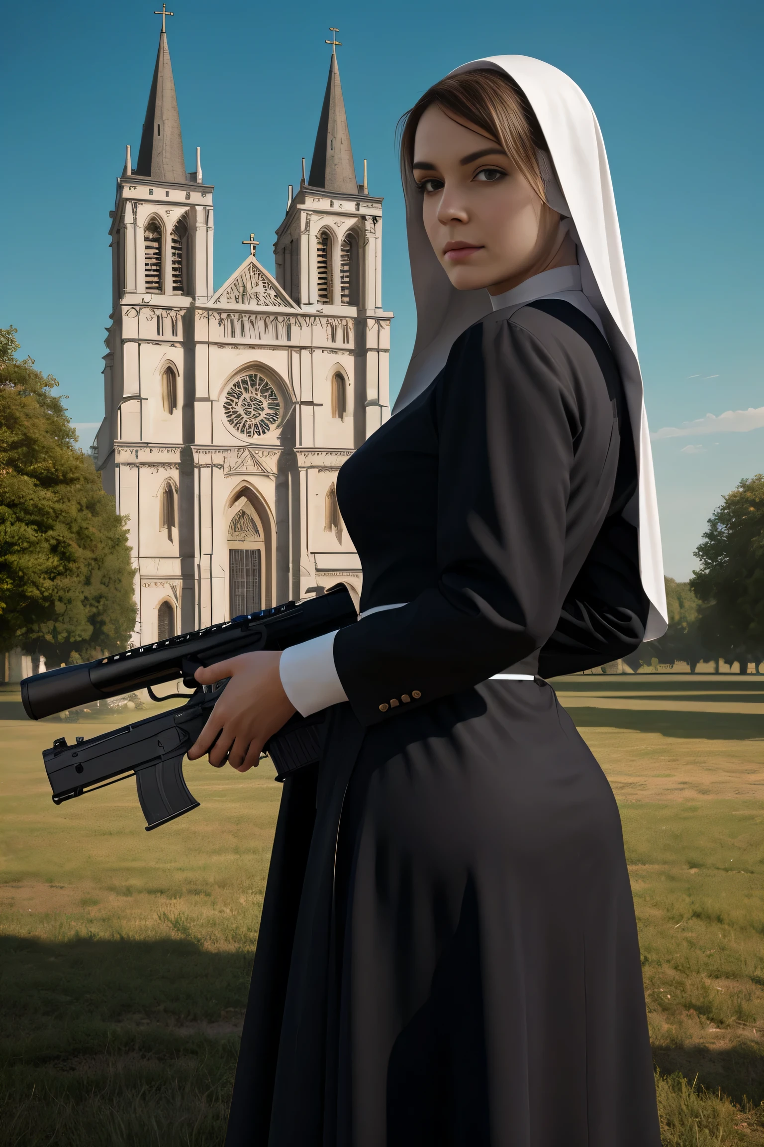 best quality, 8k, high resolution, ultra-detailed, extremely detailed, top quality, realistic, nuns with guns, a beautiful nun holding a large machine gun, a cathedral in the background, beautiful outdoor scene, ethereal fantasy, surrealist, dreamlike imagery