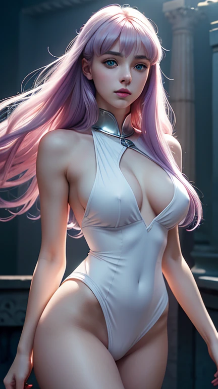 Ultra realistic, 8k, dream aesthetic, dream atmosphere, a beautiful 18 year old white girl with lilac hair, long wavy strawberry lilac hair, bangs over her forehead, light gray-blue eyes, flushed cheeks, cute face, long ancient Greek Doric tunic, wearing a Strophion, wearing a peplos, hot and slender body, big natural breasts, normal waist not thin, hot hips, long hot legs, 1 girl, purity, pale skin pores texture, ultra high quality, 4K, anime cinematic, Ultra quality, dream lighting, simple blurred background, realistic detailed, wrinkled skin, pale skin, Sharp, anatomical and proportional full body shot, looking sensually at the viewer, noble, chapped lips, dream lighting, 8k, maximum quality. 