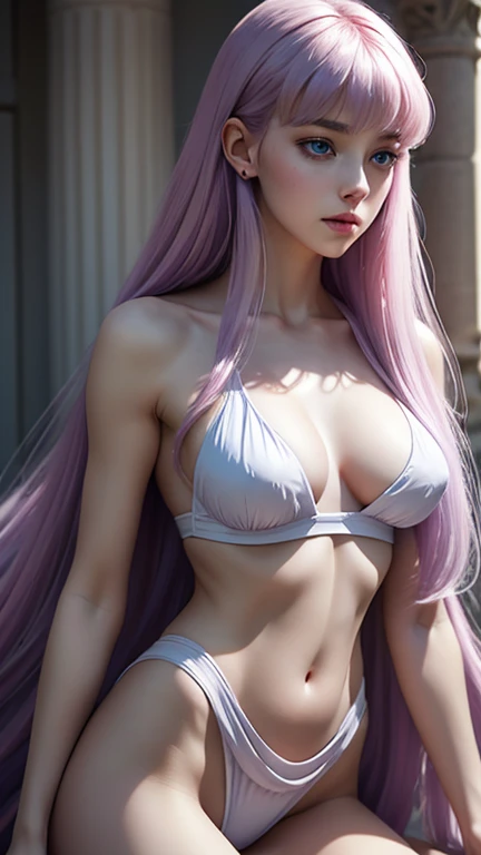 Ultra realistic, 8k, dream aesthetic, dream atmosphere, a beautiful 18 year old white girl with lilac hair, long wavy strawberry lilac hair, bangs over her forehead, light gray-blue eyes, flushed cheeks, cute face, long ancient Greek Doric tunic, wearing a Strophion, wearing a peplos, hot and slender body, big natural breasts, normal waist not thin, hot hips, long hot legs, 1 girl, purity, pale skin pores texture, ultra high quality, 4K, anime cinematic, Ultra quality, dream lighting, simple blurred background, realistic detailed, wrinkled skin, pale skin, Sharp, anatomical and proportional full body shot, looking sensually at the viewer, noble, chapped lips, dream lighting, 8k, maximum quality. 
