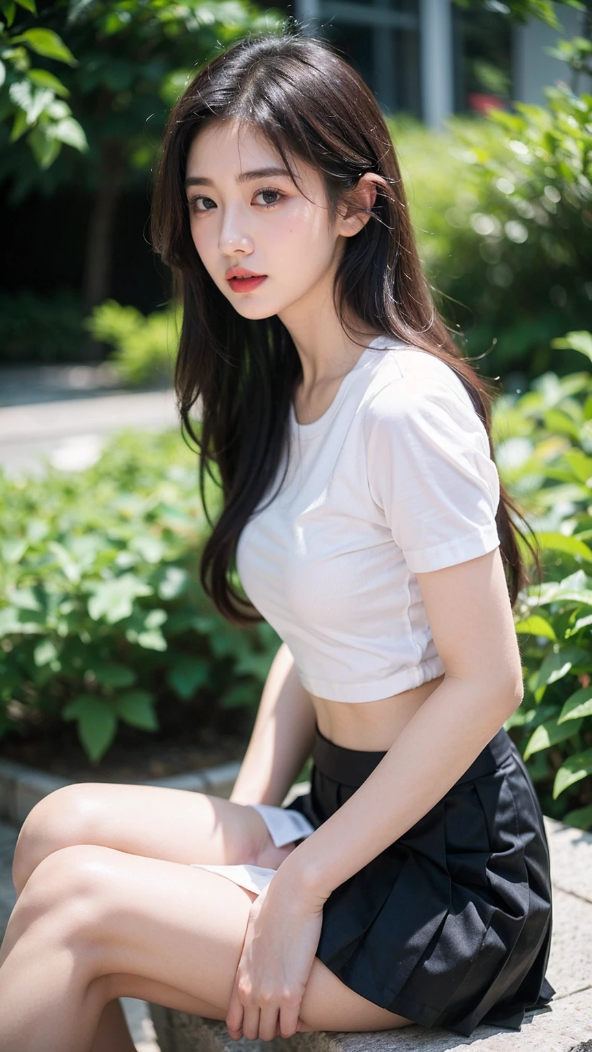 ((1girl)),in sexy mahalai uniform, pose at garden, makeup with glossy lip, small breasts, (sexy white shirt short sleeves:1.4), (black pleated skirt:1.4), various angle, ((face focus)), 22 years old, Beautiful Korean Girl, ((sitting)) pose, (nsfw:1.4), cleverage, nipple slip