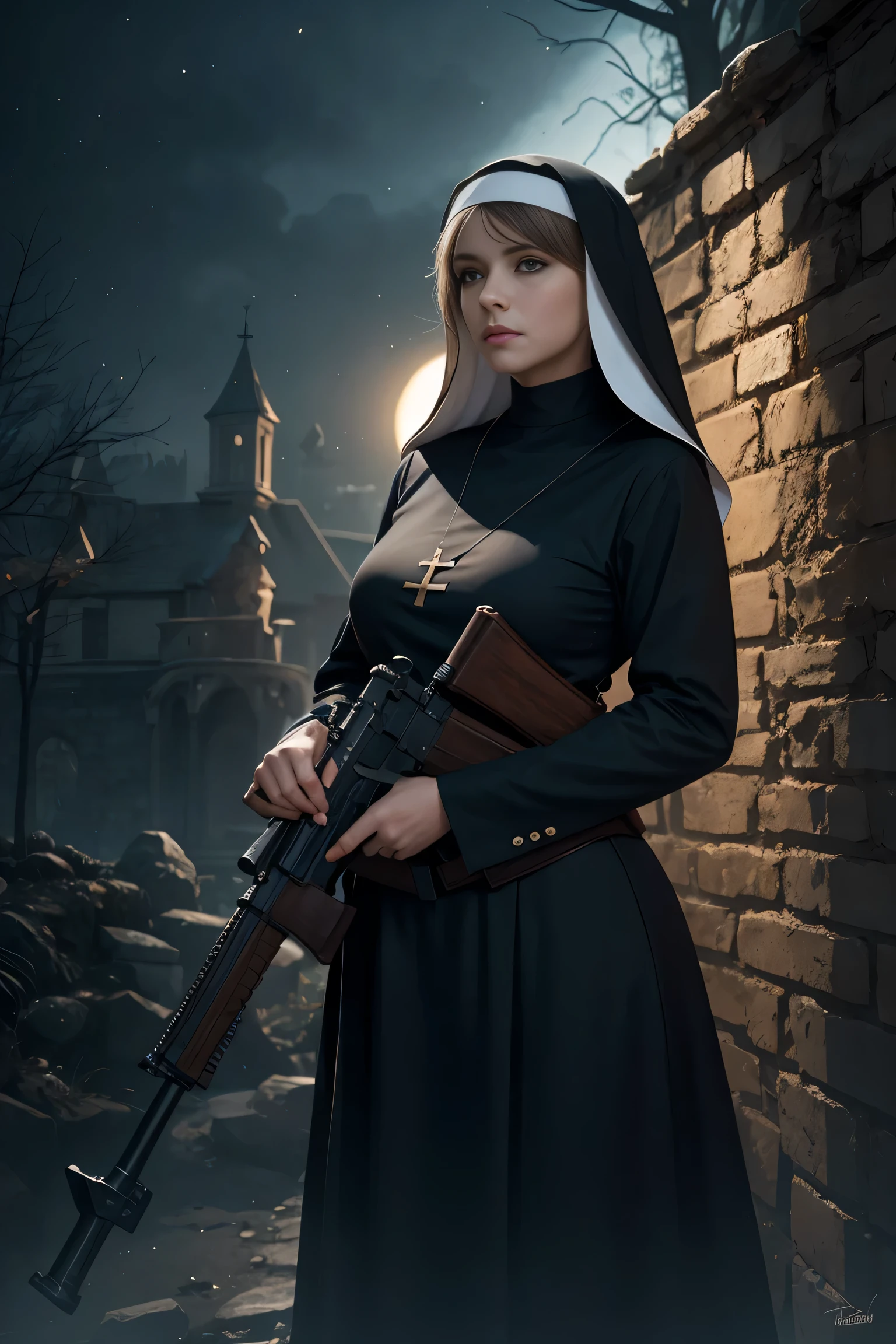 (((Realistic、Ultra-realistic、Realistic)))、(Church nun woman holding a gun)、Eda from the anime Black Lagoon、Full body portrait、(8K,highest quality, masterpiece、Ultra-high resolution)、1 girl、(Delicate face、Detailed eyes and face、double eyelid、Heavy makeup)、blonde hair 、Light colored sunglasses、Church nun female costume、Highly detailed costume、(Realistic and detailed guns)、Mature adult woman、bewitching and sexy woman、Confident face、A beautiful woman、Slim Waist、Sharp long legs、High-definition skin texture、night、Starry Sky、Wind、Dramatic lighting