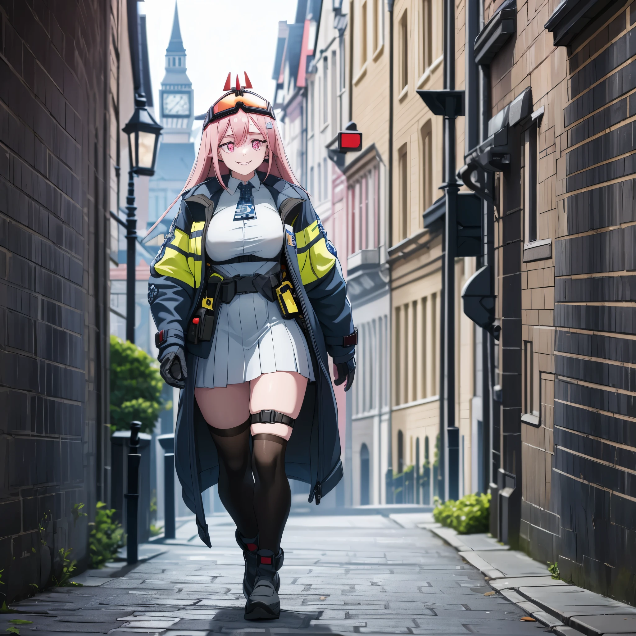 A woman wearing a blue British police coat, white dress, long pink hair, pink eyes, smiling, walking through the city of London, sunny day (just a girl, solo)ultra resolution, very detailed, HDR, masterpiece, 8K hd
