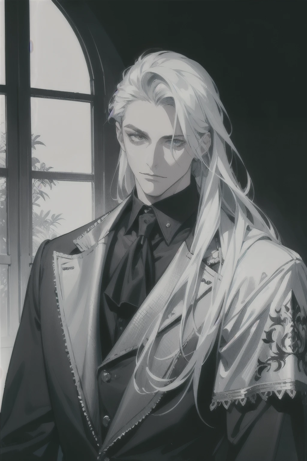 (masterpiece, best quality:1.2), (absurd res, high res, ultra detailed), 1 male, adult, handsome, tall muscular guy, broad shoulders, white long hair, finely detailed eyes, portrait, looking at viewer, solo, half shot, detailed background, detailed face, (gothic), smirk, vampire, dark leather, high fantasy, stealth, undercover, (crates in background), shadows, fog, (dutch angle), closed mouth, black pants