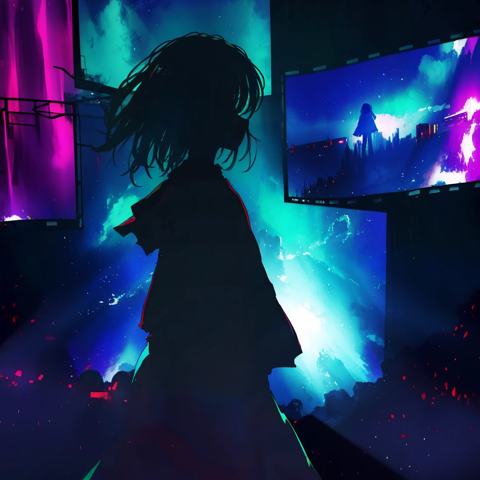 beautiful silhouette of a girl with floating dust particles around her, standing fearlessly, Panoramic view of a girl, (Katana in sheath:0.9), (the girl looks at the viewer with impeccable vision:1.3), (bring your face closer:1.3), (focus on the face:1.3), there's a whirlwind behind her, behind her there is a quiet and atmospheric background, filled with destroyed rural buildings and structures., (ruin), (bright colors:1.4), (sharp focus:1.3), (cinematic lighting), (tornado in the background:1.3), (Fog:1.3), ((Conveying a sense of mystery and intensity)), forced witness, (horror theme:1.2), long hair, blue color variation, girl sitting in the background, (giant cinema screens and displays:1.6), (screens)