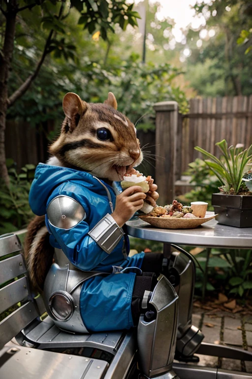 chipmunk in a robot costume eats with a rabbit