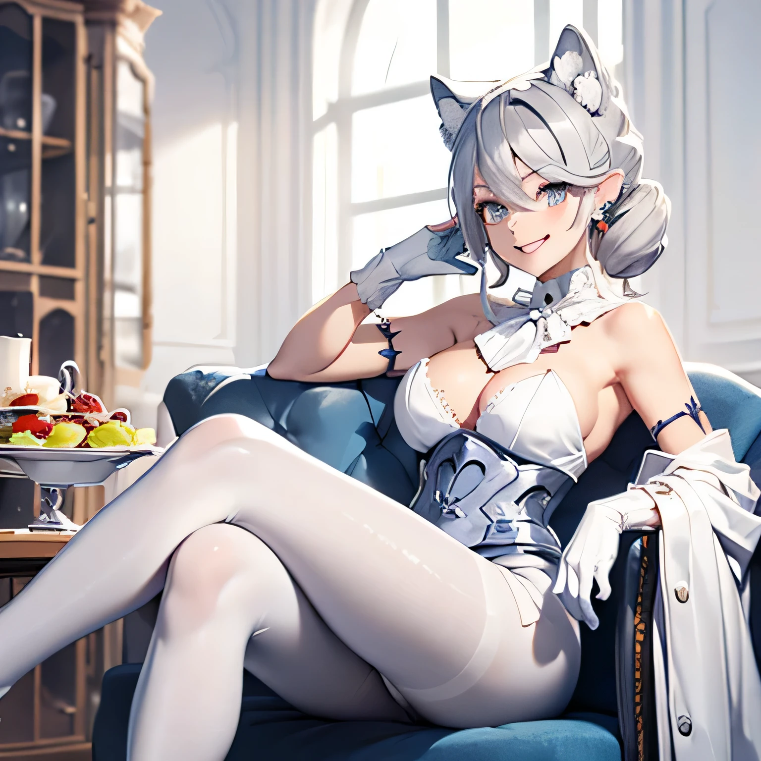 table top High level image quality best image quality 8K adult woman whole body portrait pure white long gloves(elbow gloves) Pure white pantyhose white long dress(slit) white wolf ears short hair((shortcut)(gray hair)(perm)(fluffy)) eye color is blue attractive face((smile)(open your mouth)) sexy pose , crossed legs style in detailed , sitting