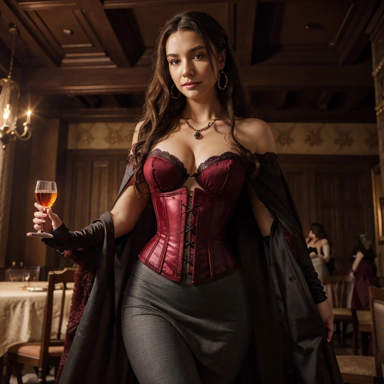 oil painting,A woman stands with a confident posture in an ornate tavern setting. Her dark long hair is pulled back in bouncy curls, a bright crimson cape is draped over her shoulders, a tight-fitting corset with dark embroidery flows into a burgundy short ruched skirt, revealing practical yet stylish gray leggings, dark lace gloves, necklace with a ruby stone, earrings, warm chandelier light. light smile, fantasy