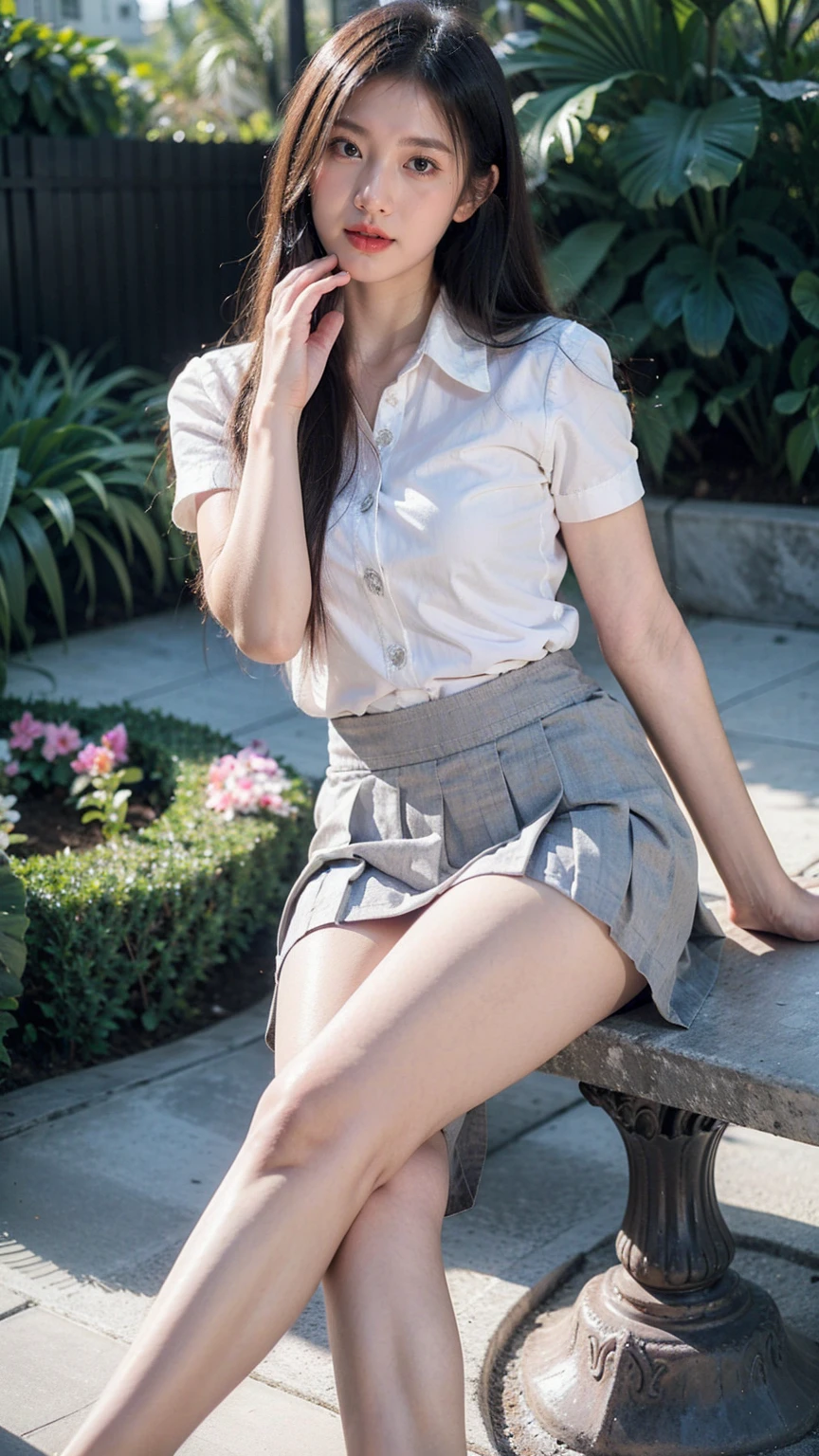 ((1girl)),in sexy mahalai uniform, pose at garden, makeup with glossy lip, small breasts, (white shirt short sleeves:1.4), (black pleated skirt:1.4), various angle, ((face focus)), 22 years old, Beautiful Korean Girl, ((spread leg)) pose, (nsfw:1.4), cleverage, nipple slip