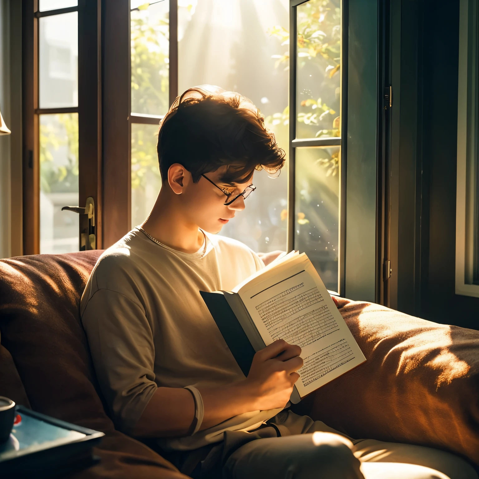 Boy sitting on sofa behind his sunrays and glass door show billidings and he reading book front of her Cup of coffee