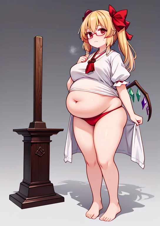 (masterpiece, best quality, highly detailed), 1girls, big belly, huge belly, art by kipteitei, round belly, chubby, curvy, simple_background, gradient_background, belly grab, enormous belly, fat belly, thicc, bigger belly, really big belly, jiggly belly, shirt covering belly, belly cover by shirt, glasses, ((shrine maiden clothes)), barefoot, (sweating), (exhausted), ((full body)), long hair, Flandre scarlet