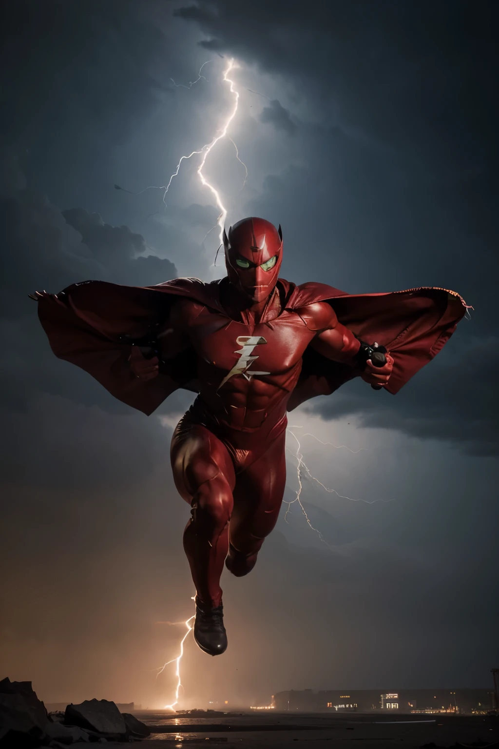 gundala s holding a thick lightning bolt, red long cool superhero , lightning in eyes, running high into the sky on the right and left of his head there are wings, his head is wearing a red mask, lots of lightning, in the background there are building perkantoran and newspaper in falling intonsky
underneath there are rock, aesthetic