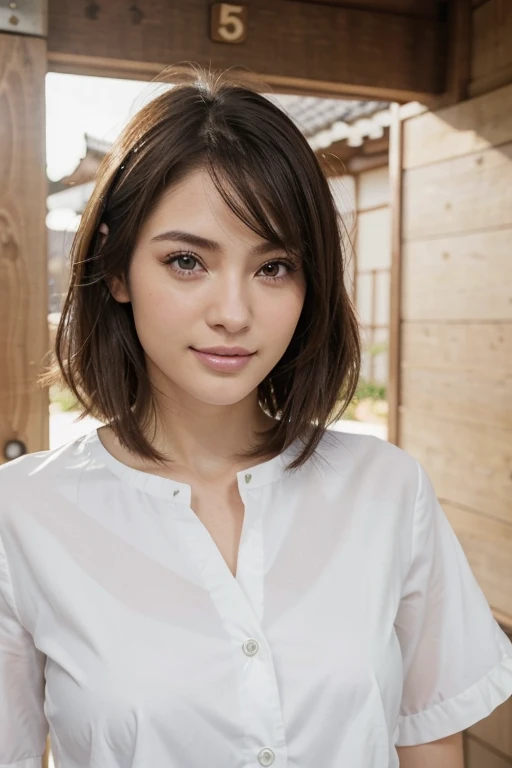 1 mujer, japonesa, cabello corto, piel pale, ojos cautivadores, perfecta, realista, pale, ojos cautivadores, sonrisa perfecta, cuerpo perfecto, cabello brillante, viento sopla, cabello corto hiper realista, hermosa, traje deportivo (deporte)