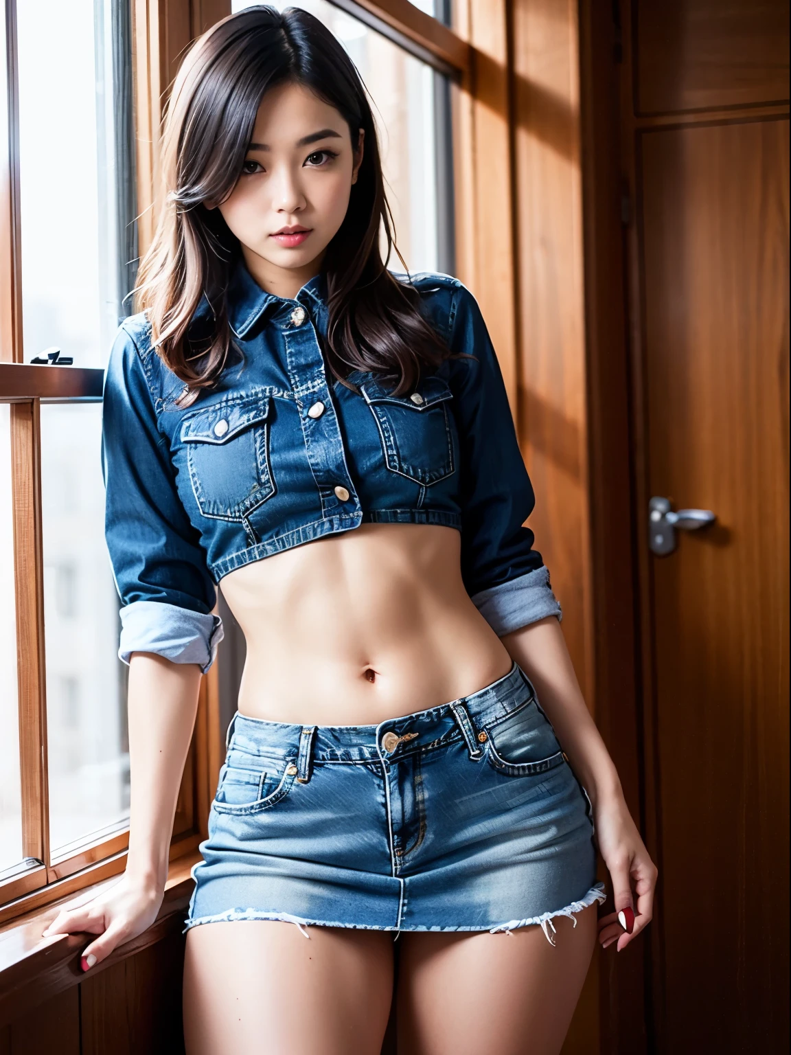 Very detailed CG Unity 8k wallpaper、highest quality、Very detailed、masterpiece、reality、reality、Very detailedなかわいい女の子、18-year-old、((White bra:1.5))、((Shooting from the front:1.4))、((Stand in an empty room:1.4))、((Face it with a smile:1.4))、blush、Cleft lip、Looking at the audience、((Cowboy Shot:1.4))、((Navy Blue Denim Mini Skirt:1.5))、((straight medium long hair:1.7))、(Beautiful Face:1.3)、(Perfect balance:1.2)、(Long legs:1.2)、(Small breasts:1.3)、((Upper Body))、((Model pose:1.4))、Angle from below、reality、