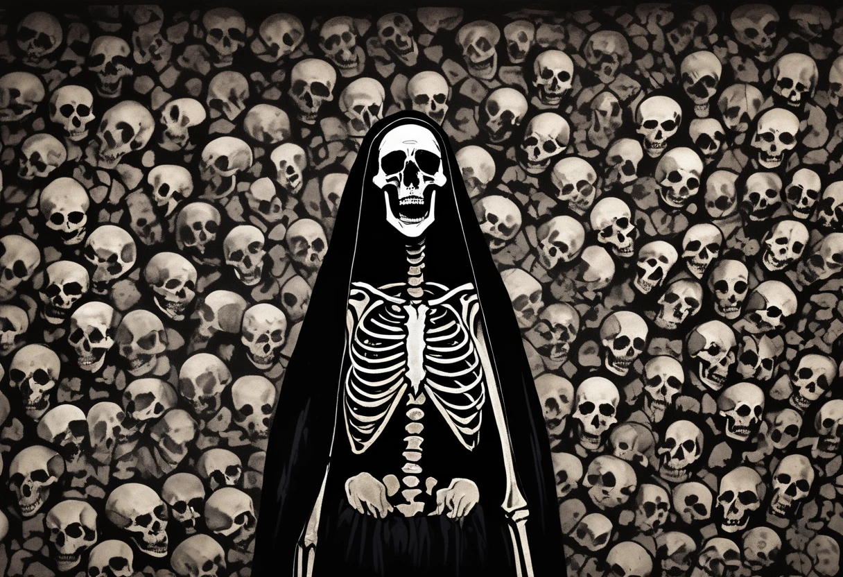 nun, (blackmetal corpsepaint face paint), in the shadows, darkness, no light source, only shades of darkness showcase the french catacombs, surrounded by artistic hand created a kind of mosaic out of these final remains of humanity, ornate intricate skeleton remains line floor to ceiling in the cramped catacombs, hand drawn, hyperrealism, expressive ink, dark drab colors, cel shading, rotoscope, hyper maximal, intense, strange