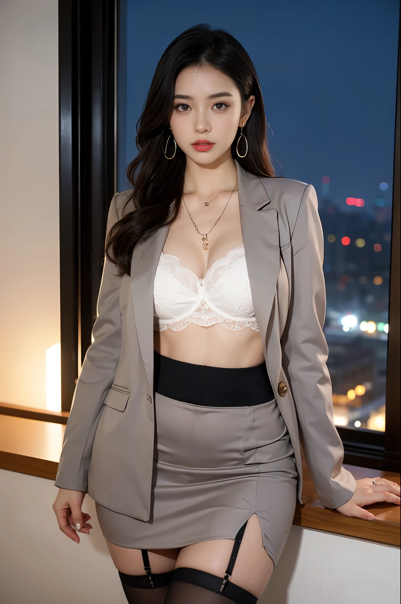 in the office，a young beautiful lady，Wear professional attire，gray blazer，Lace bandeau underwear，slit covered skirt。Bigger and wider hips，thin waist，The upper body rounder，full，Super in shape。Dressed up with jewelry，necklace，earrings，watch，High heel，black stockings。Painted with light makeup，beautiful eyeeautiful lips，very beautiful，Very temperamental。at desk，camel toe, Background modern city office buildings，Very modern，There a lot of space，Outside the window the night view of the city，Modern Shanghai city night view。8 p.m，City neon lights flashing。Professional lighting effectovie shot，intricate details，The best resolution，masterpiece。Complete fingers，intricate details
