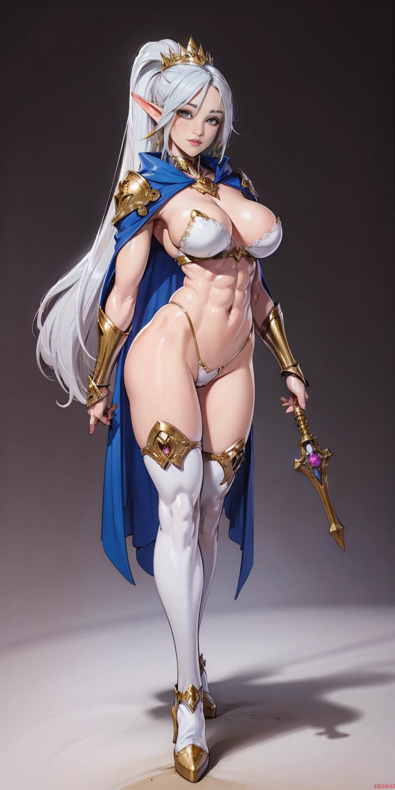 extremely long hair , ponytail, perfect anatomy 1 girl tall solo, slim thick, ((muscular)) high elf toned body, silver breast plate, blue cape, slendered abs, hourglass waist, detailed face, defined cheekbones, puffy lips, gauntlets, gold crown, shadow over eyes, looking at viewer, masterpiece, white thigh highs lingerie, high heels