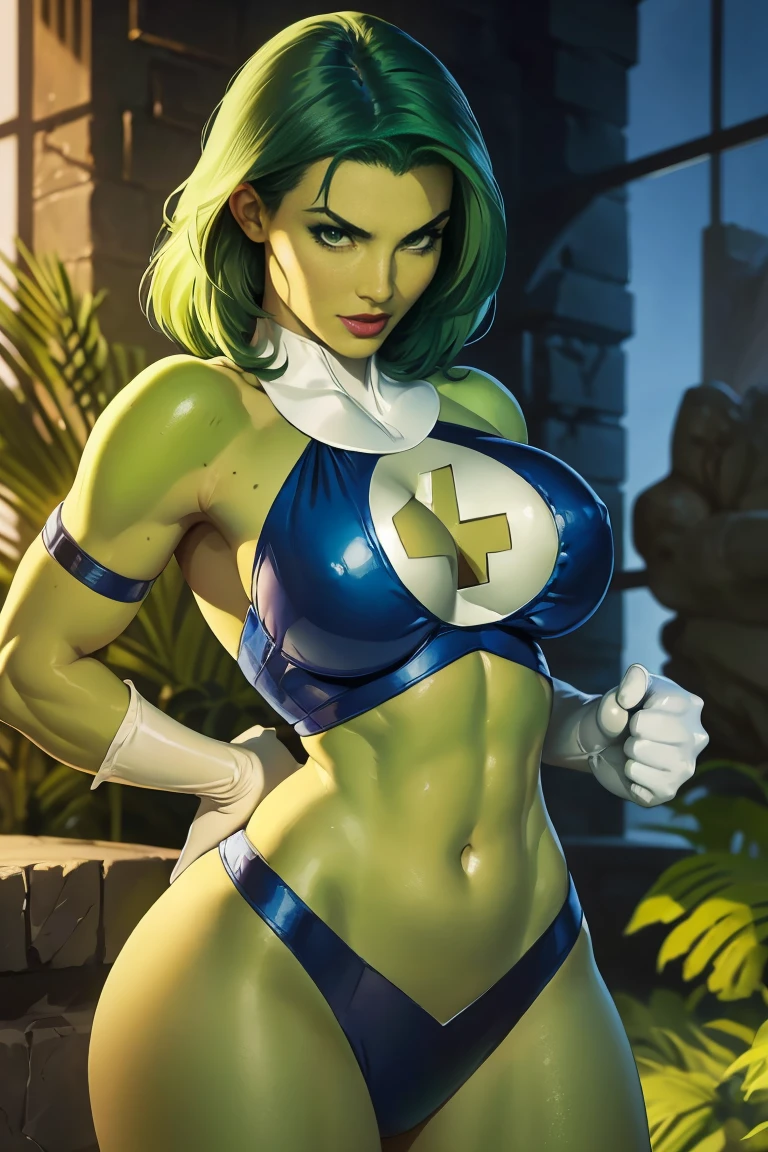 Susan Storm from the fantastic four with green hair and green skin, slutty, busty, beautiful large breasts, by Louis Royo, Boris Vallejo, Frank Frazetta, extreme focus, sharp details, sexy, oily skin, sexy, naughty, dynamic pose, (((green skin))), (((green hair)))