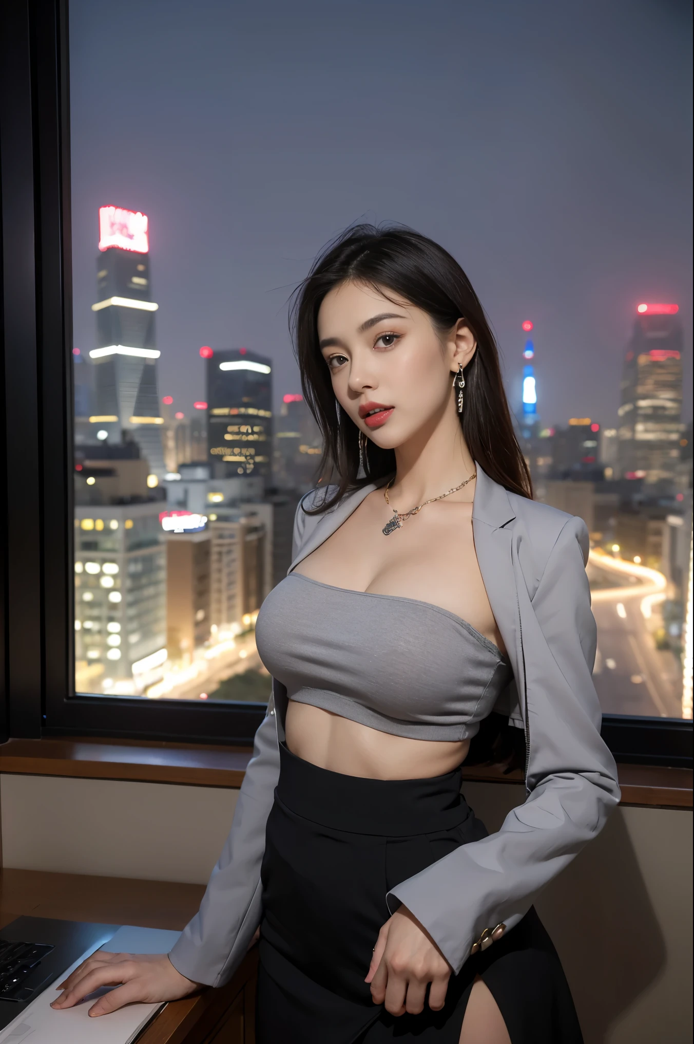 in the office，a young beautiful lady，Wear professional attire，gray blazer，Lace bandeau underwear，slit covered skirt。Bigger and wider hips，thin waist，The upper body rounder，full，Super in shape。Dressed up with jewelry，necklace，earrings，watch，High heel，black stockings。Painted with light makeup，beautiful eyeeautiful lips，very beautiful，Very temperamental。at desk，camel toe, Background modern city office buildings，Very modern，There a lot of space，Outside the window the night view of the city，Modern Shanghai city night view。8 p.m，City neon lights flashing。Professional lighting effectovie shot，intricate details，The best resolution，masterpiece。Complete fingers，intricate details
