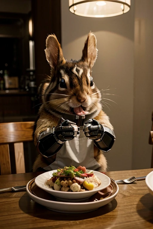 a chipmunk in a robot costume eats with a rabbit at the same table in anime style