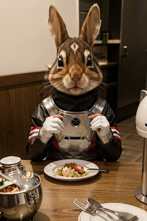 a chipmunk in a robot costume eats with a rabbit at the same table in anime style