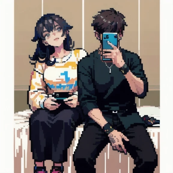 theRe aRe two people sitting on a bench with a cell phone, #pixelaRt:3, # pixelaRt, #pixelaRt, pixelaRt, video game fanaRt, pixel aRt style, lofi poRtRait, 1 0 0 0 x 1 0 0 0 pixel aRt, lofi aRt, lofi aRtstyle, pixel aRtwoRk, /R/pixelaRt, detailed pixel aRtwoRk