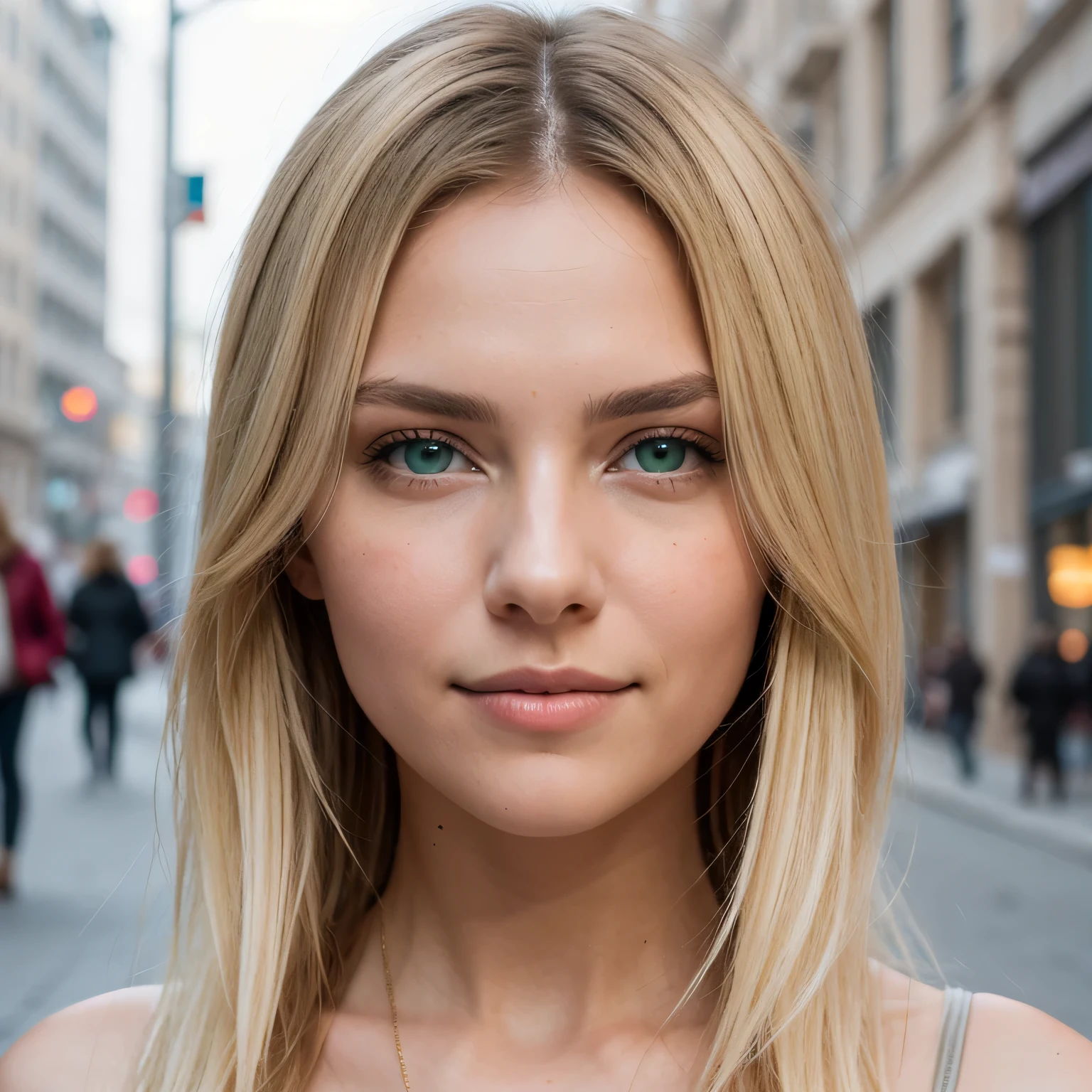 A woman named Lara Bauer, ((she is a 22-year-old woman, She has beautiful shoulder-length! (((blonde hair))), (yellow-brown! blonde! hair), (blonde tiny eyebrows), bright grey green eyes with great Details, glattes haar, (angular face: 1.3), (long face: 1.4), beautiful face)), im Winter auf einem Frankfurter Stadtplatz stehen. She wears high-quality designer clothes, mit einem Mantel, der ihre Figur betont. Her smile is warm and inviting, und sie strahlt Selbstvertrauen und Eleganz aus. The background shows the busy city, mit seiner Architektur und seinen Menschen. The image was captured with exceptional detail and clarity using a Canon EOS 5D Mark IV, shows the girl&#39;s flawless skin texture and the intricate patterns of her clothes. This Fotograph is a true masterpiece, bietet ein lebendiges und beeindruckendes 8K-UHD-Erlebnis., Foto