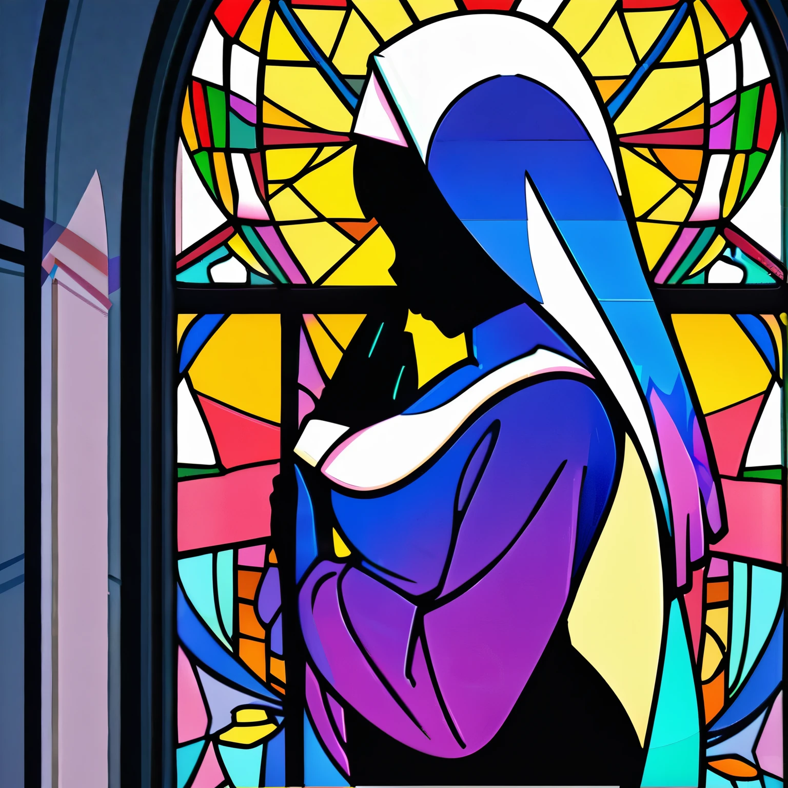 (best quality,8k,highres, masterpiece,ultra-detailed:1.2), (1 nun),A church with intricate and detailed drawings by a professional、Asahi、shining brightly、Intricate stained glass painted by a professional、Pray with Your Hands Folded, (silhouette art,),side view,