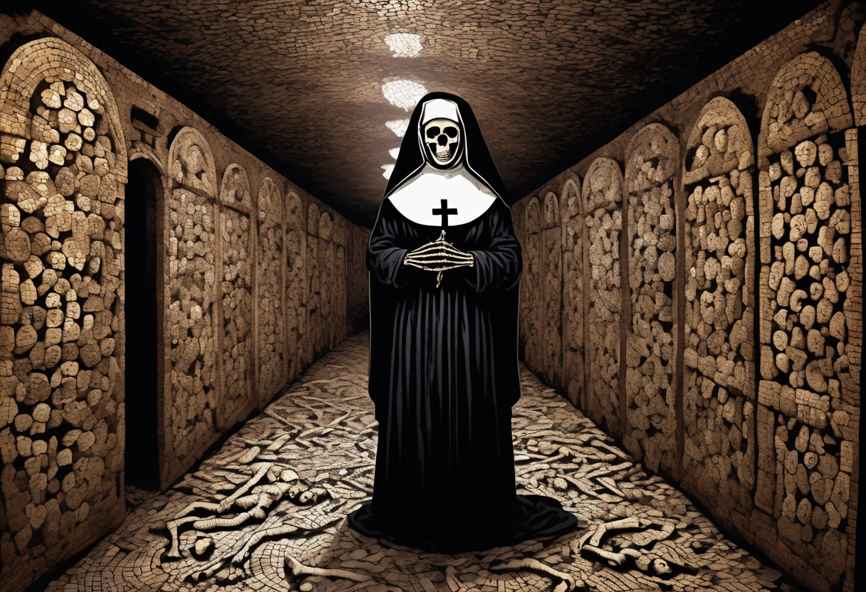 nun, in the shadows, darkness, no light source, only shades of darkness showcase the french catacombs, surrounded by artistic hand created a kind of mosaic out of these final remains of humanity, ornate intricate skeleton remains line floor to ceiling in the crampt catacombs, hand drawn, hyperrealism, expressive ink, dark drab colors, cel shading, rotoscope, hyper maximal, intense, strange