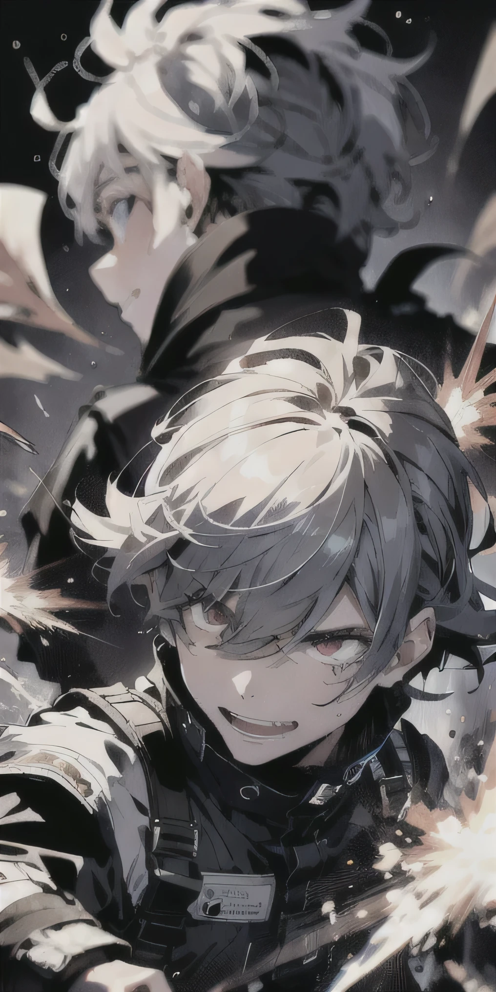 absurd solution、highest resolution、(masterpiece:1.4)、very detailed、from above、Adonis、boy universe、masterpiece, Acceleration_nffsw, (angry face:1.2), (crazy smile:1.3), crutch, silver hair,red eyes shining,photo taken up close, Swirling Wind, Lightning around the character, complex background at night, very detailed, (dark:1.3), dark, faint, nffsw, illustration, dirty
