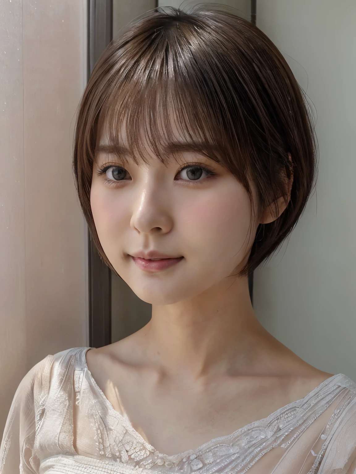 ((cute japanese girl、beautiful japanese girl、1 girl、clear、29-year-old、shortcut、short hair、Highly detailed face and skin texture、refinement、super detailed face、highly detailed eyes、blusher、blush、cheek、ピンクのcheekを塗ったcheek、close-up of woman、breast enhancement、Face looking to the side、Body facing sideways、look at the camera、smooth white skin、Transparent skin texture、))、(dark brown hair、bangs)、japanese model、((highest quality、8K、masterpiece:1.3、1photograph))、(4k、生photograph、highest quality)、(realistic、フォトrealistic:1.37)、Place a person on the other side of the screen、Natural light、upper body and head